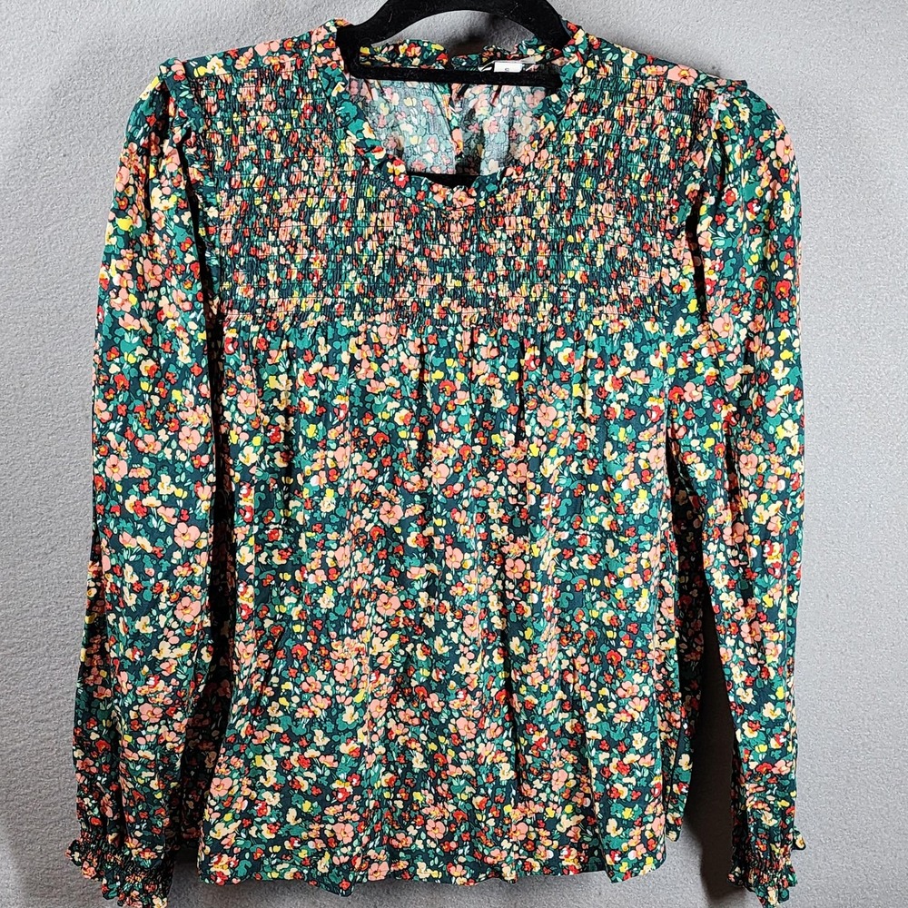 J Crew Shirt Womens Small Green Floral Smocked Long Sleeve Viscose Blouse BK406